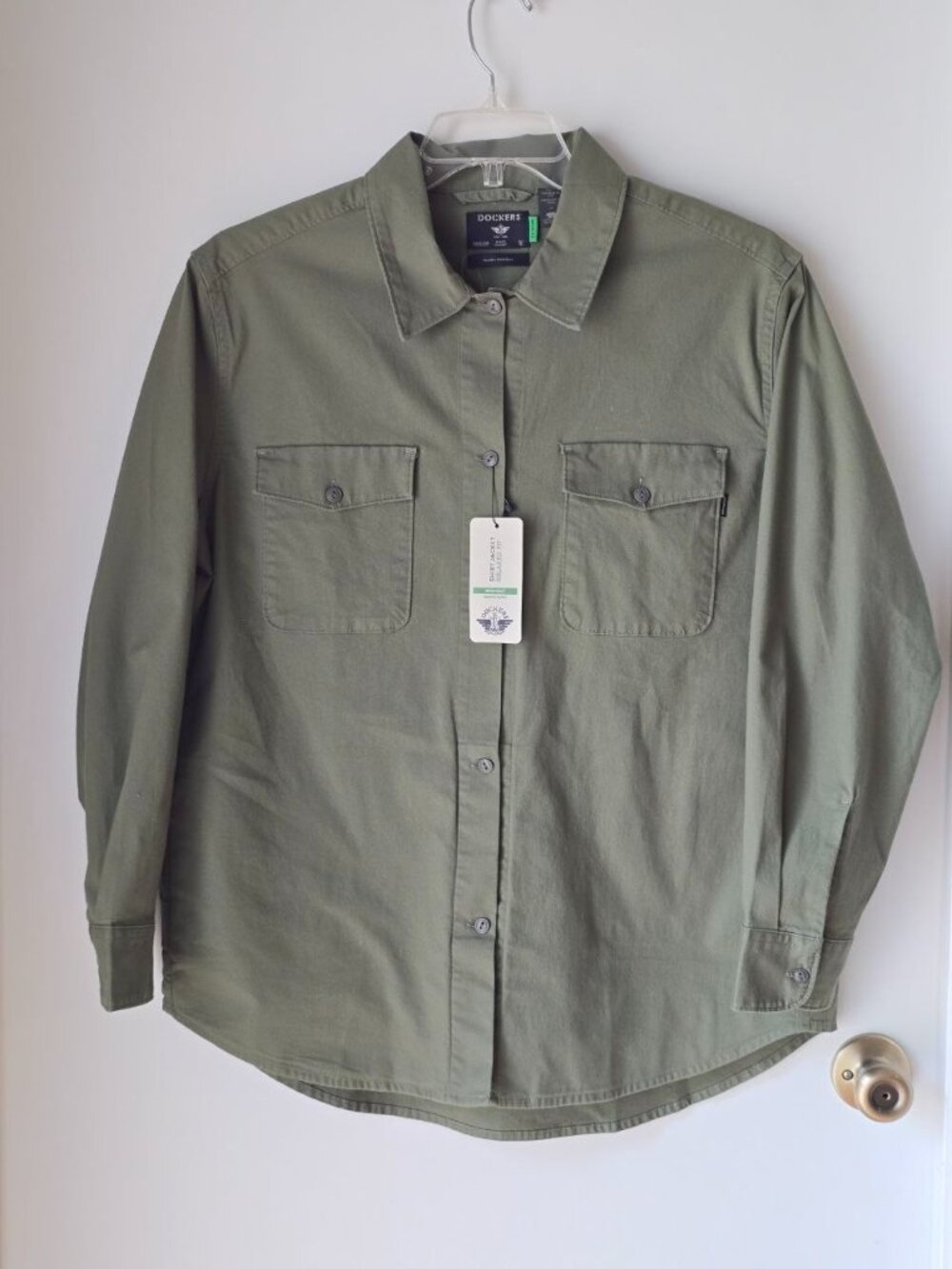 Dockers Shirt Jacket NWT Womens Small S Olive Green Relaxed Fit Shacket Stretch